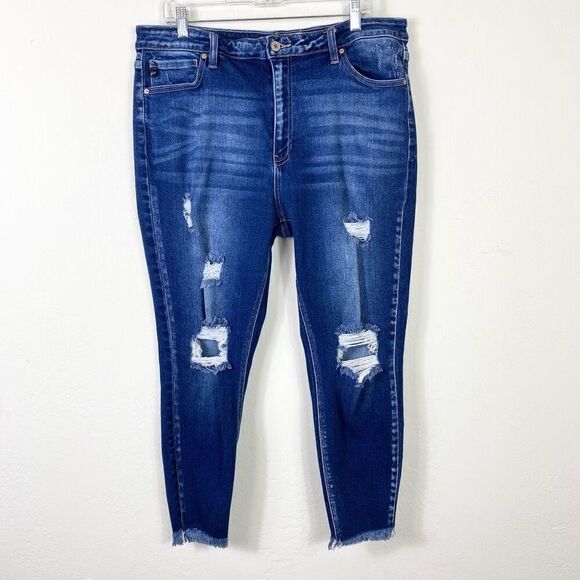 Kancan Plus Size Distressed Denim High Rise Raw Hem Skinny Jeans Size 33/34 - Picture 1 of 7